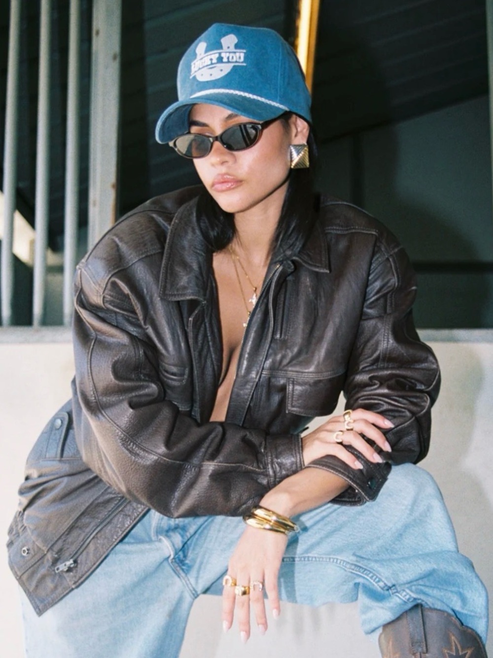 Lucky You  Blue Denim Baseball Cap with Braided Trim